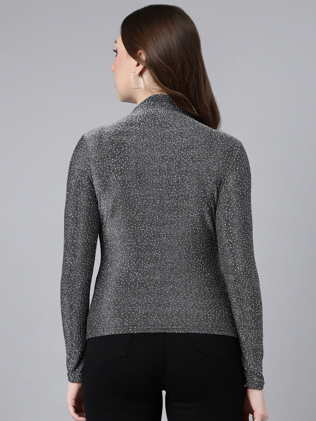 Women's Grey Self Design High Neck Studded Fitted Top