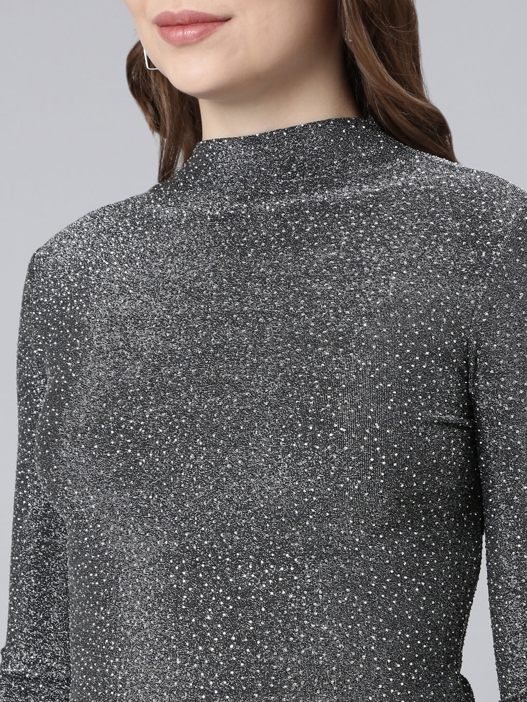 Women's Grey Self Design High Neck Studded Fitted Top