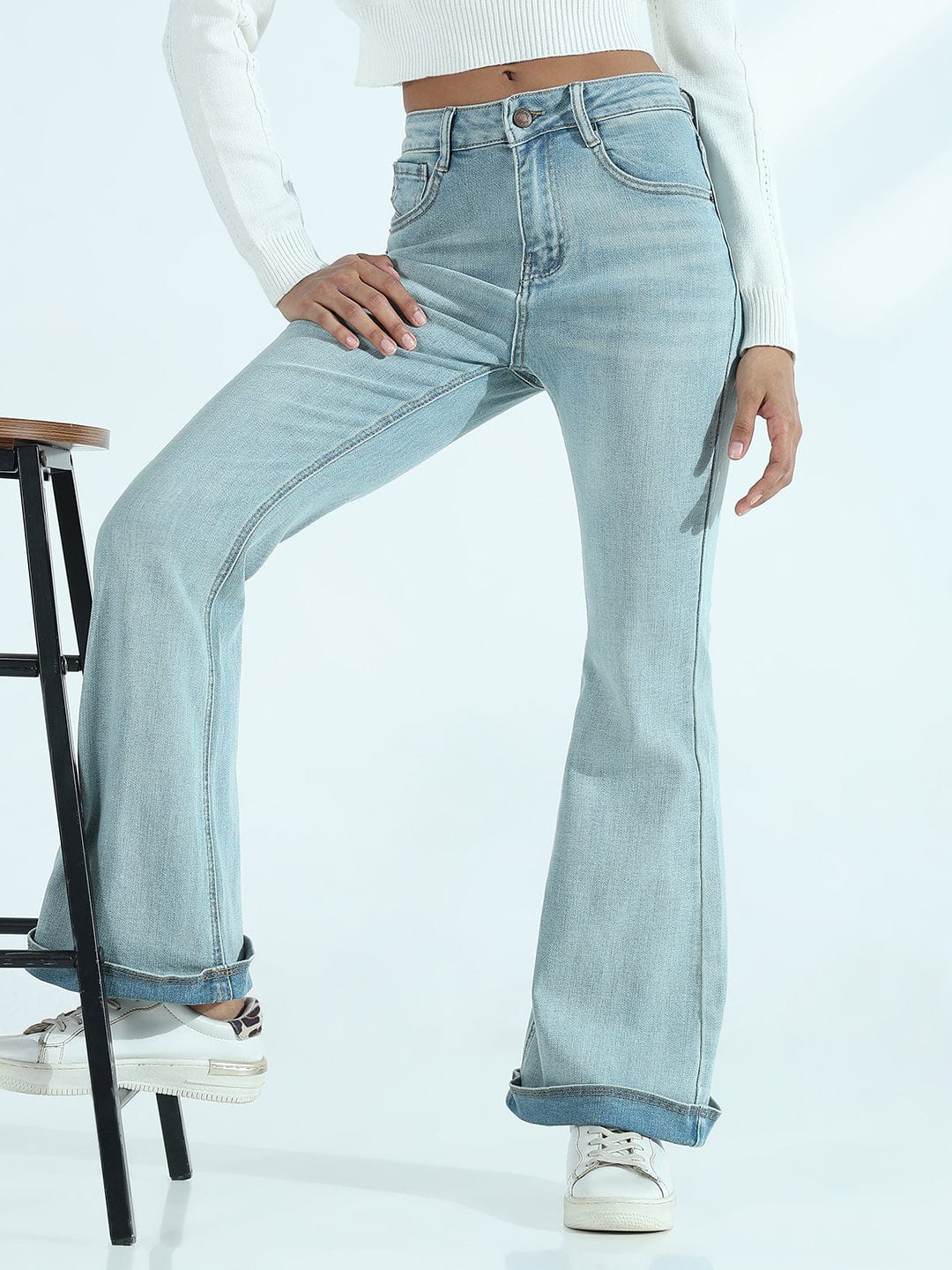 Women's Blue Mid Rise Flare Jeans with Folded Hem Detail