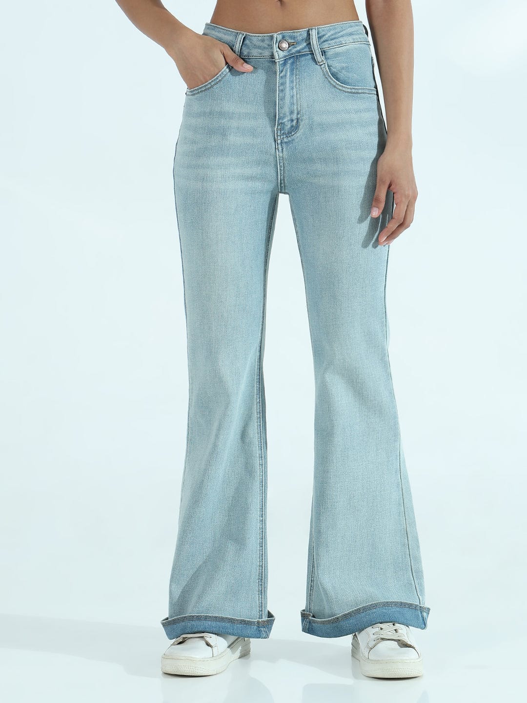 Women's Blue Mid Rise Flare Jeans with Folded Hem Detail