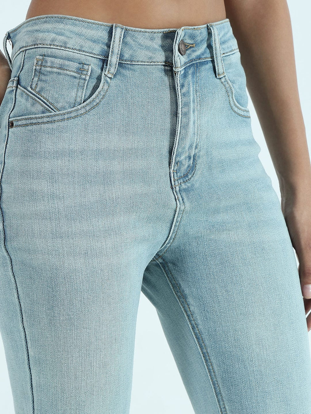 Women's Blue Mid Rise Flare Jeans with Folded Hem Detail