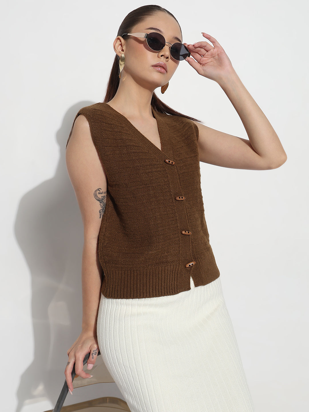 Women's Brown V-Neck Sleeveless Knitted Top with Button Detail