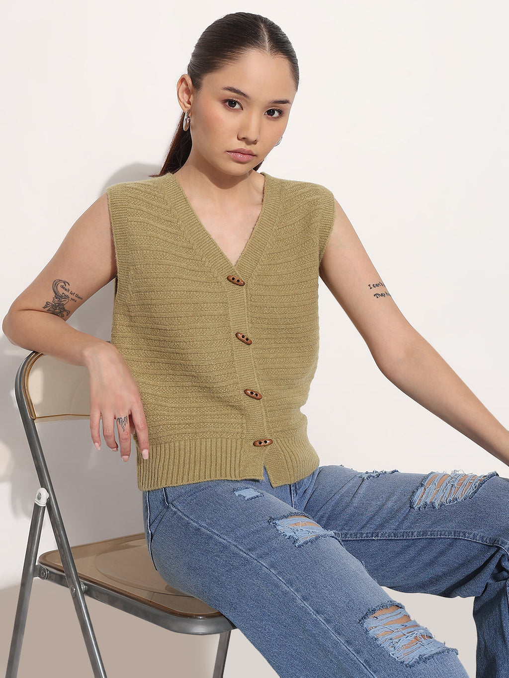 Women's Olive V-Neck Sleeveless Knitted Top with Button Detail