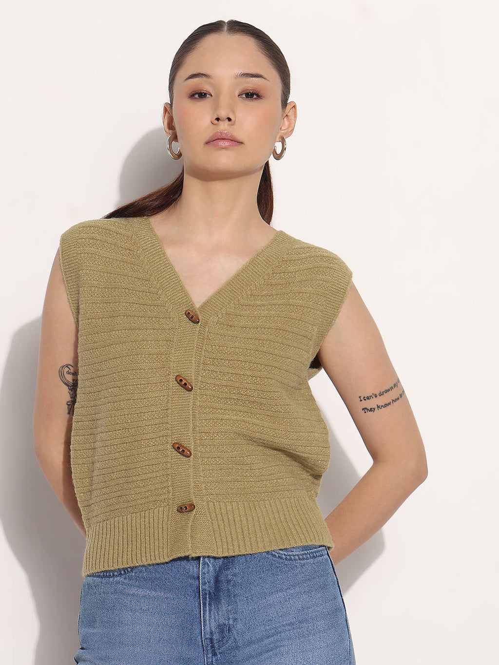 Women's Olive V-Neck Sleeveless Knitted Top with Button Detail
