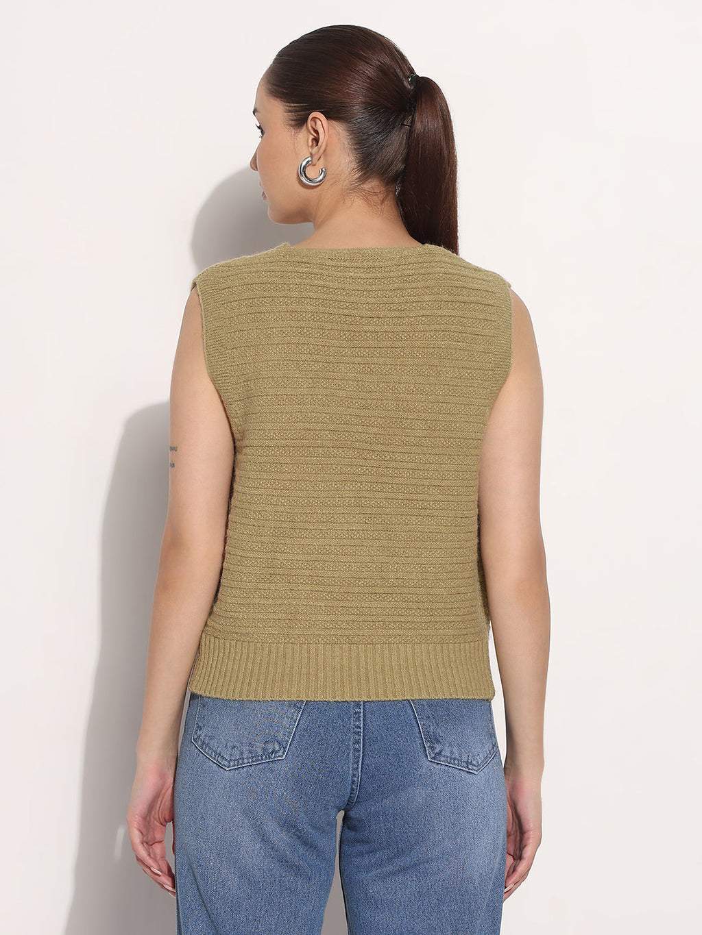 Women's Olive V-Neck Sleeveless Knitted Top with Button Detail