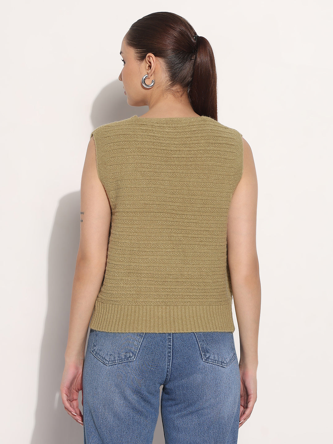 Women's Olive V-Neck Sleeveless Knitted Top with Button Detail