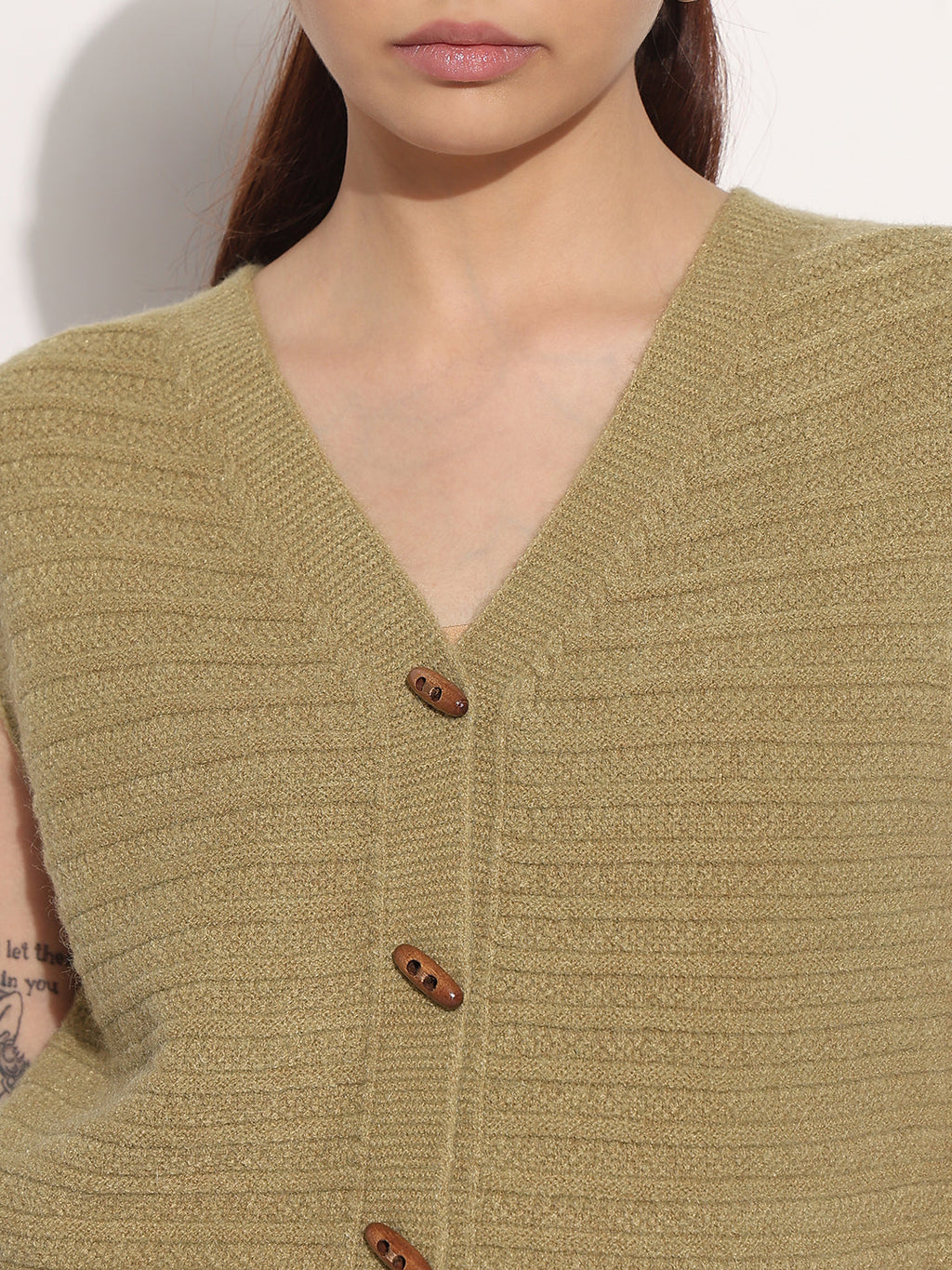 Women's Olive V-Neck Sleeveless Knitted Top with Button Detail