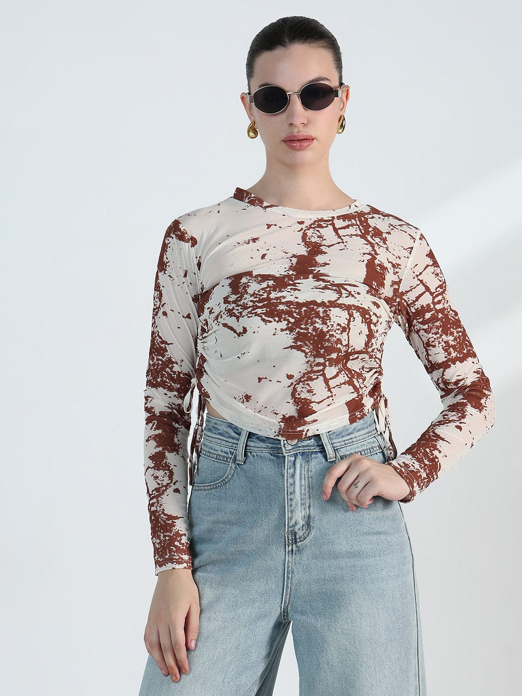 Women's Abstract Print Ruched Side Tie-up Top