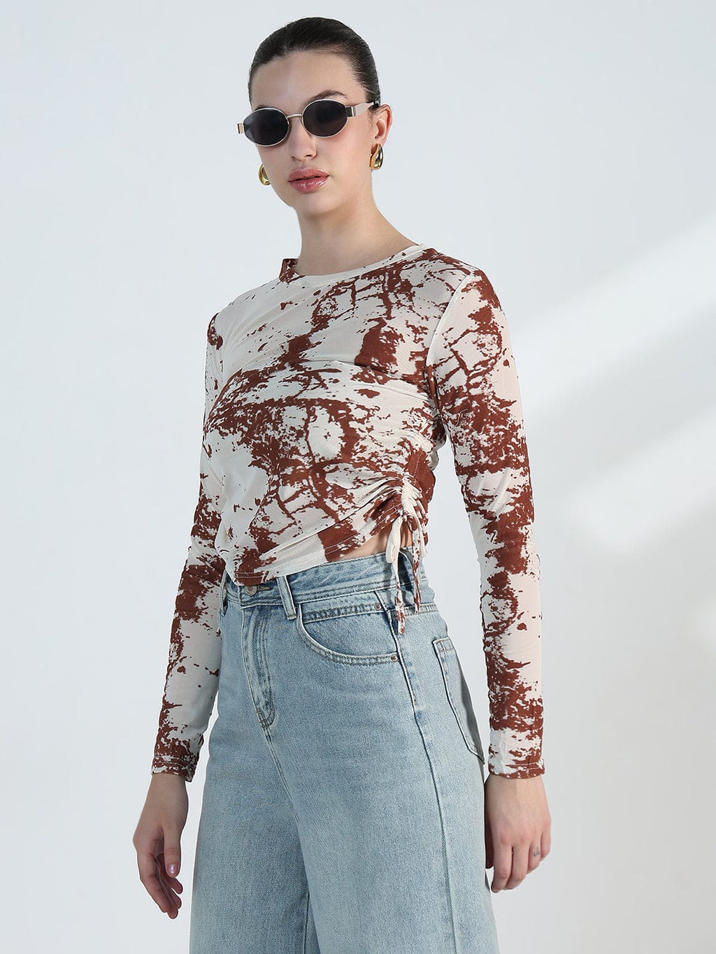 Women's Abstract Print Ruched Side Tie-up Top