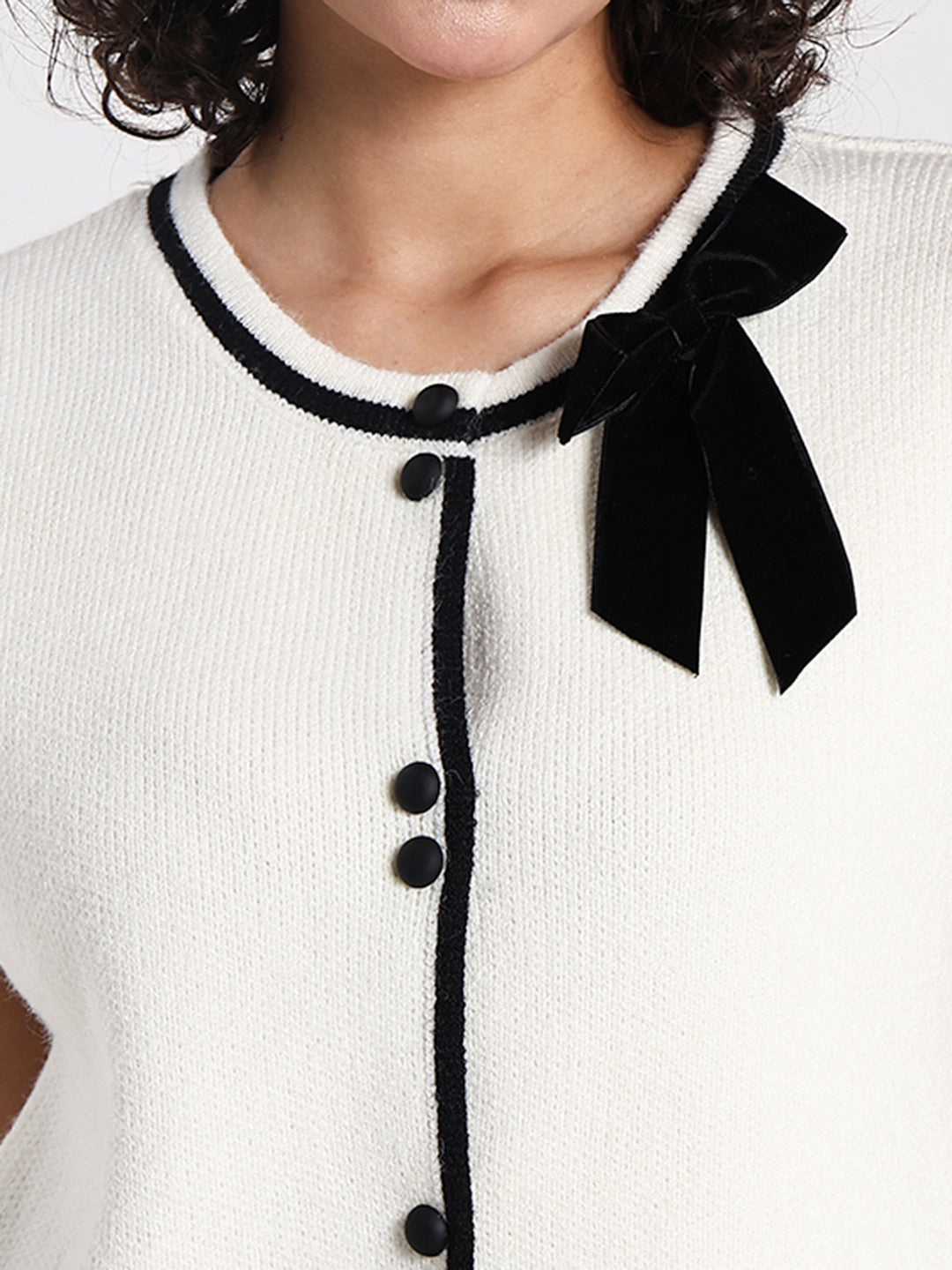 Women’s Off White Ribbed Sleeveless Top with Contrast Trim & Bow Detail