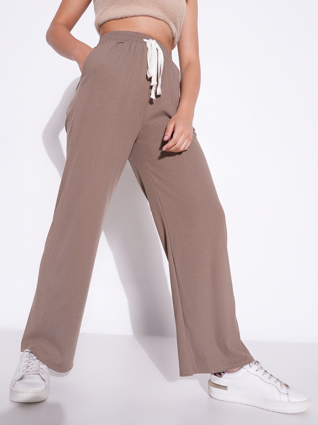 Women's Beige Comfort Mid-Rise Regular Fit Parallel Trousers