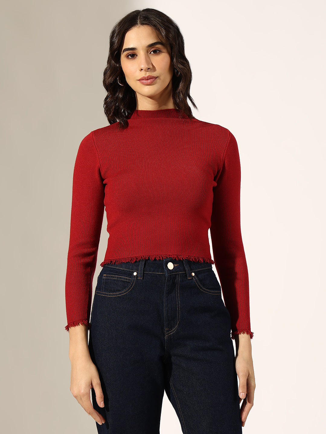 Women's Ribbed Red Mock Neck Top with Frayed Hem