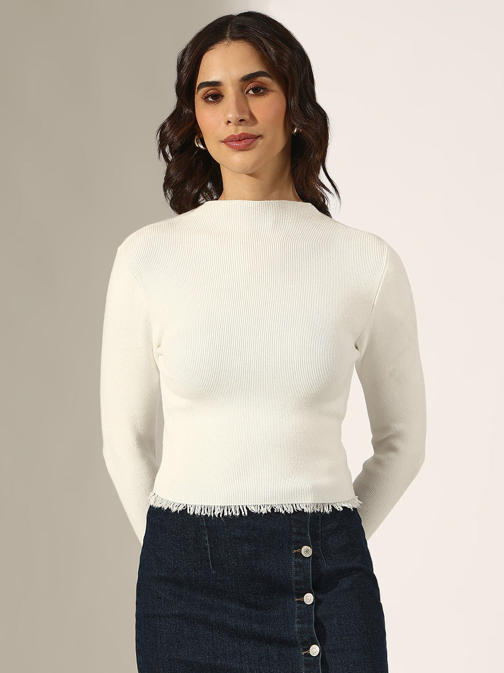 Women's Ribbed White Mock Neck Top with Frayed Hem