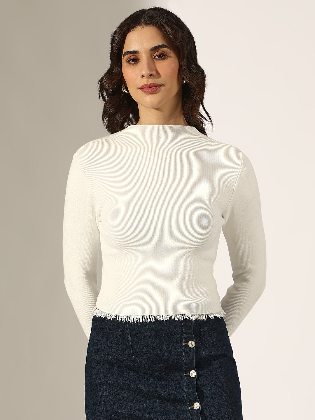 Women's Ribbed White Mock Neck Top with Frayed Hem