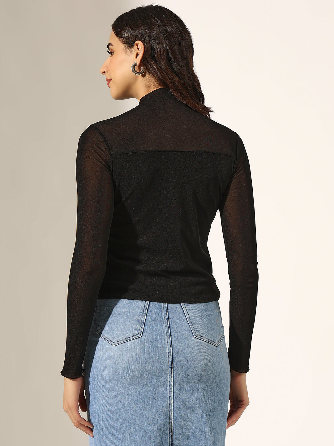 Women's Black Sheer Panel High Neck Mesh Top