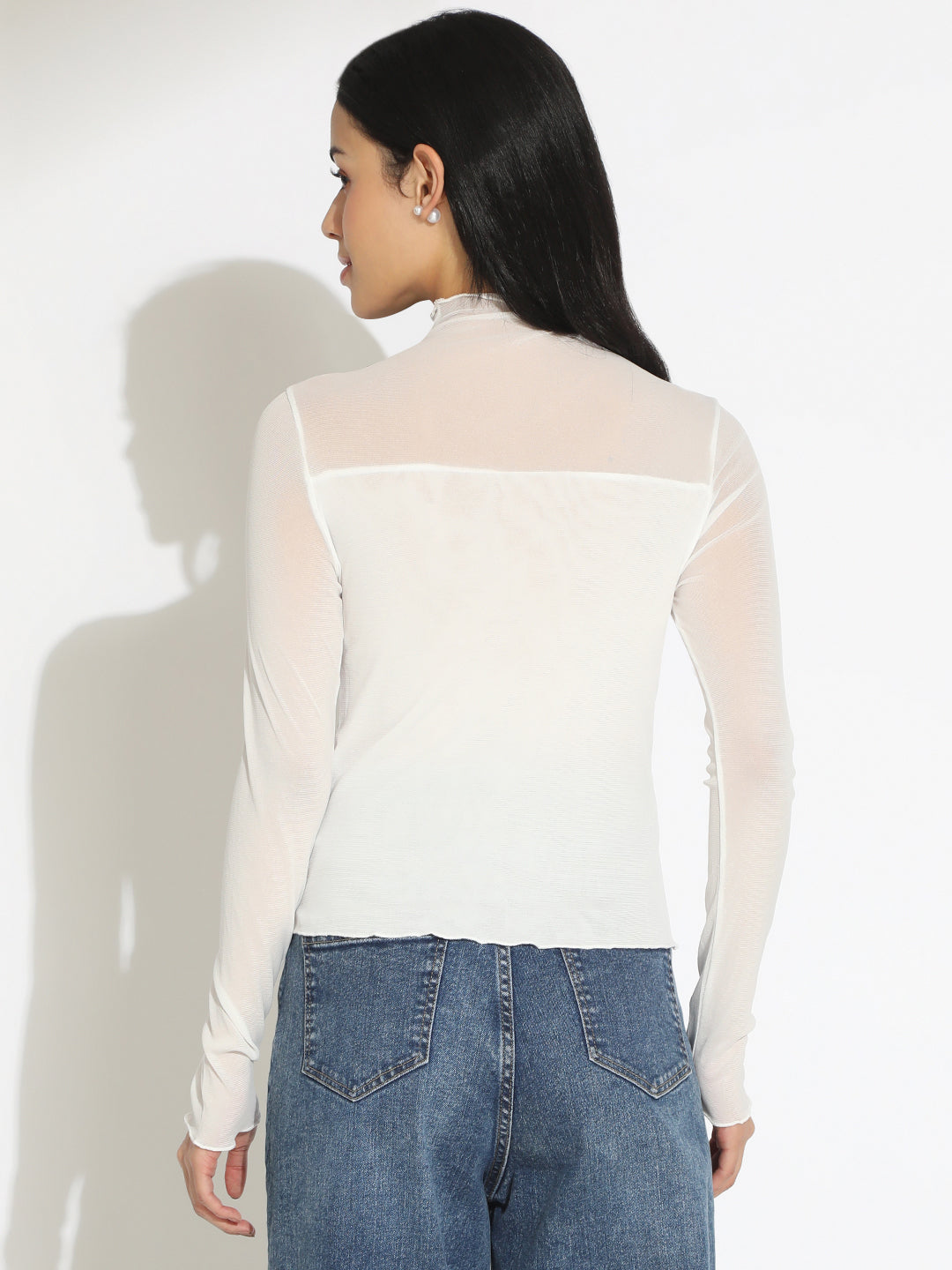 Women's White Semi Sheer High Neck Top