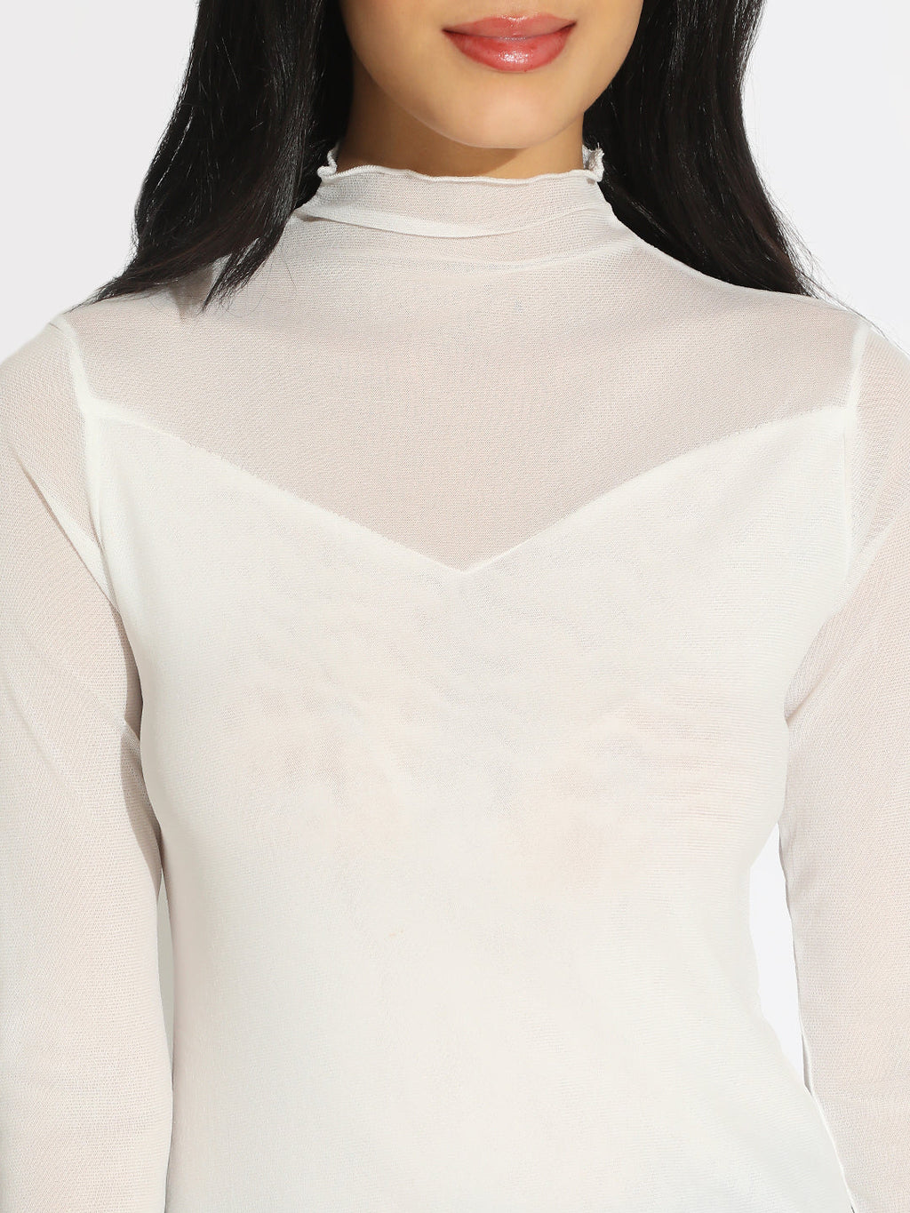 Women's White Semi Sheer High Neck Top