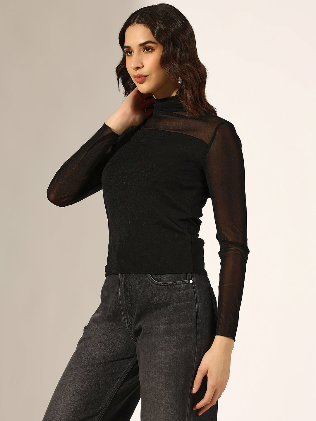 Women's Black Turtleneck Mesh Yoke Top