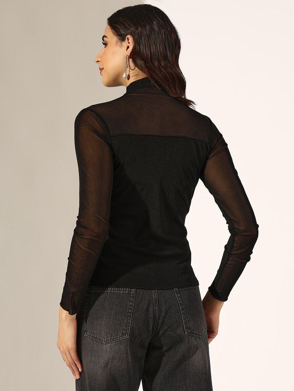 Women's Black Turtleneck Mesh Yoke Top