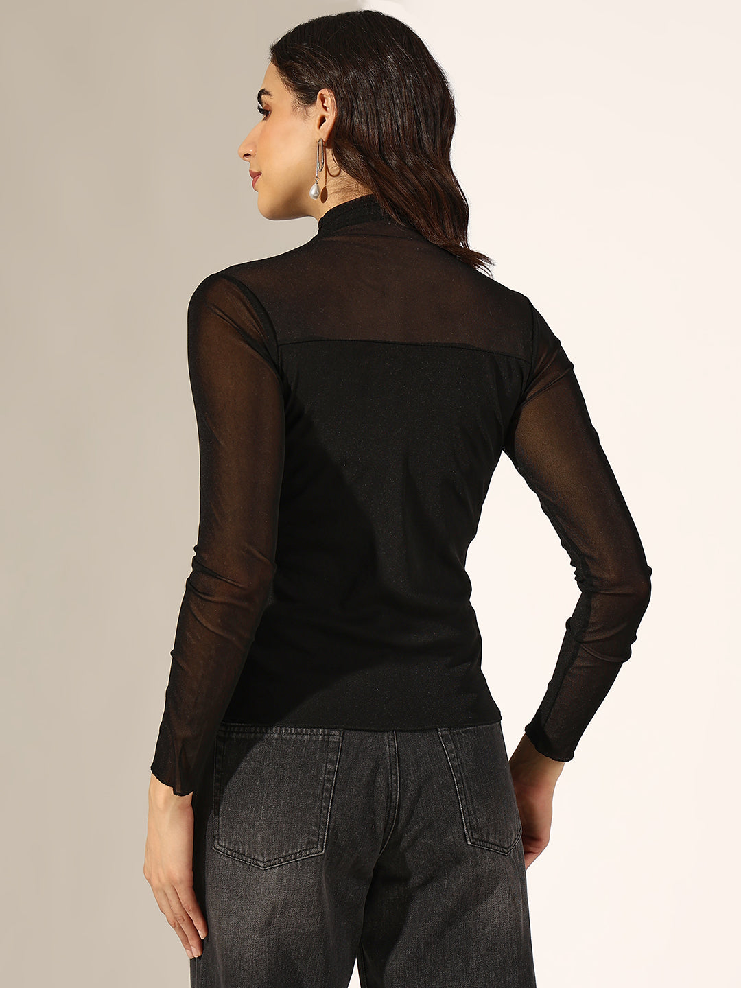 Women's Black Turtleneck Mesh Yoke Top