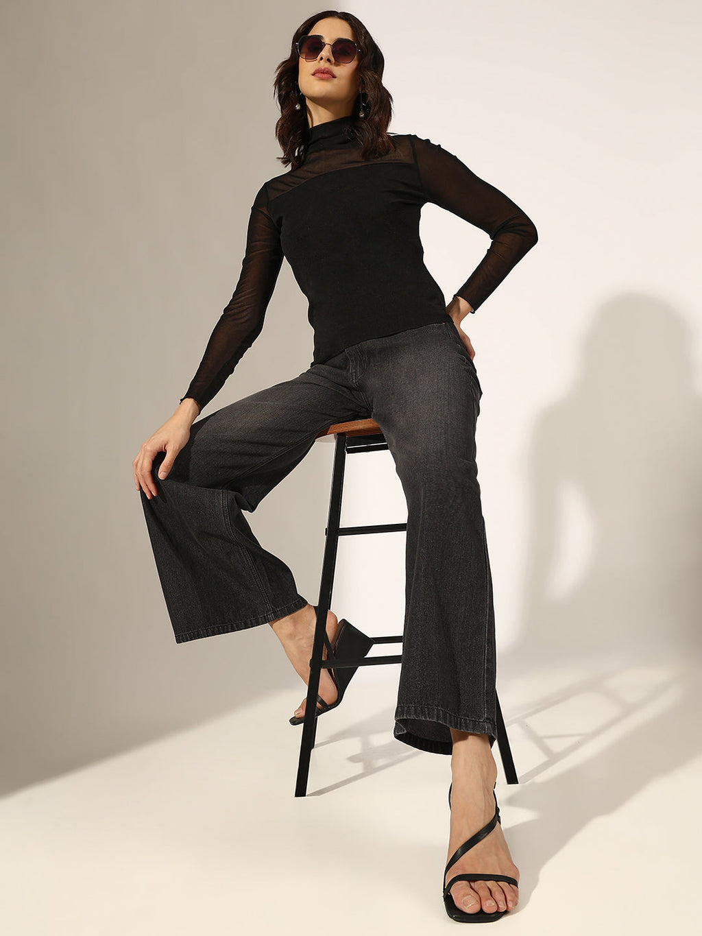 Women's Black Turtleneck Mesh Yoke Top