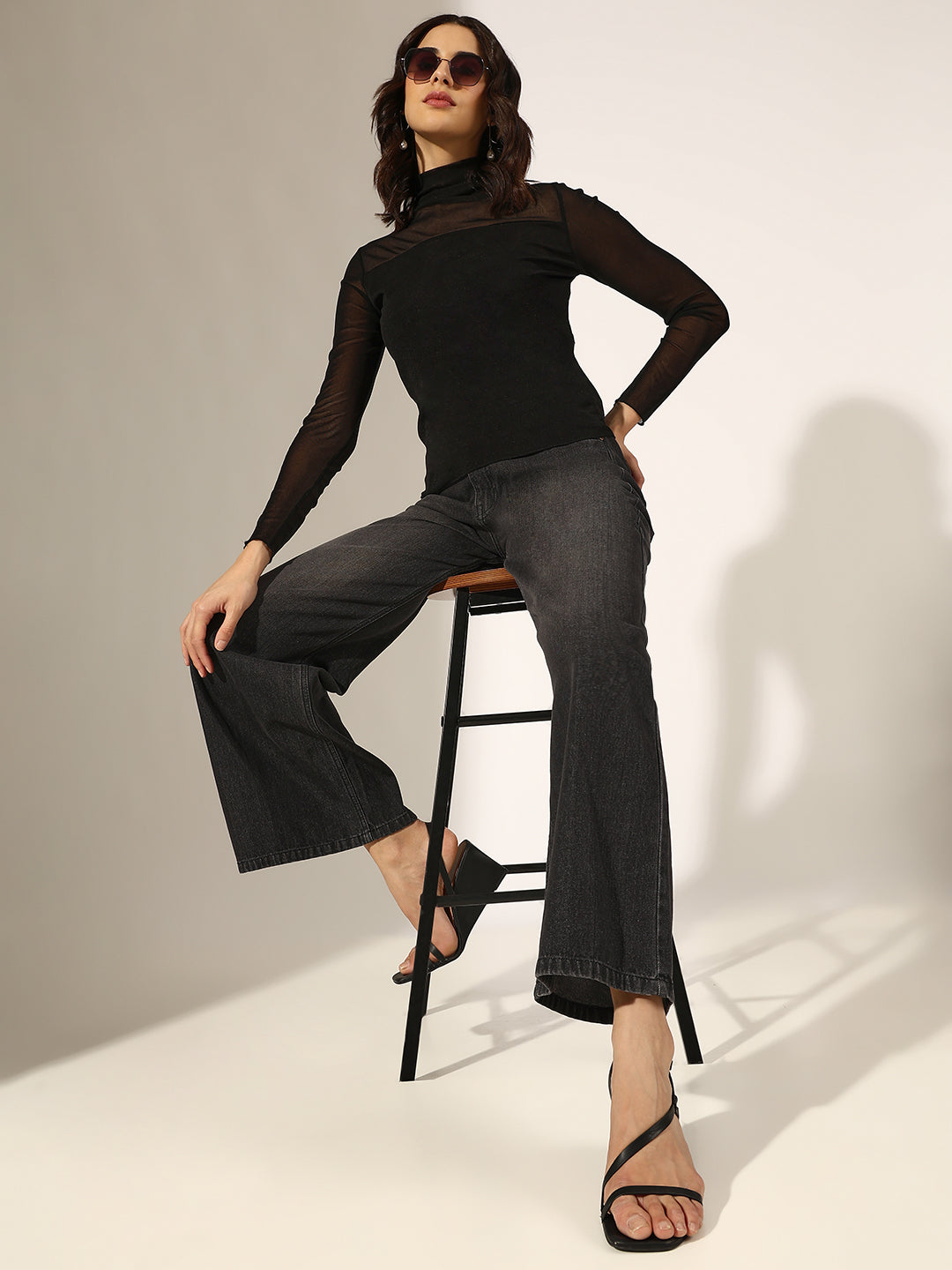 Women's Black Turtleneck Mesh Yoke Top