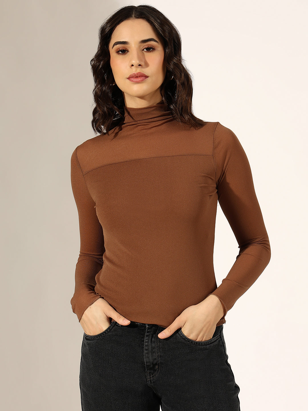 Women's Brown Turtleneck Mesh Yoke Top