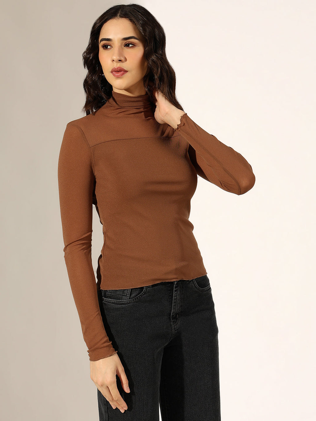 Women's Brown Turtleneck Mesh Yoke Top