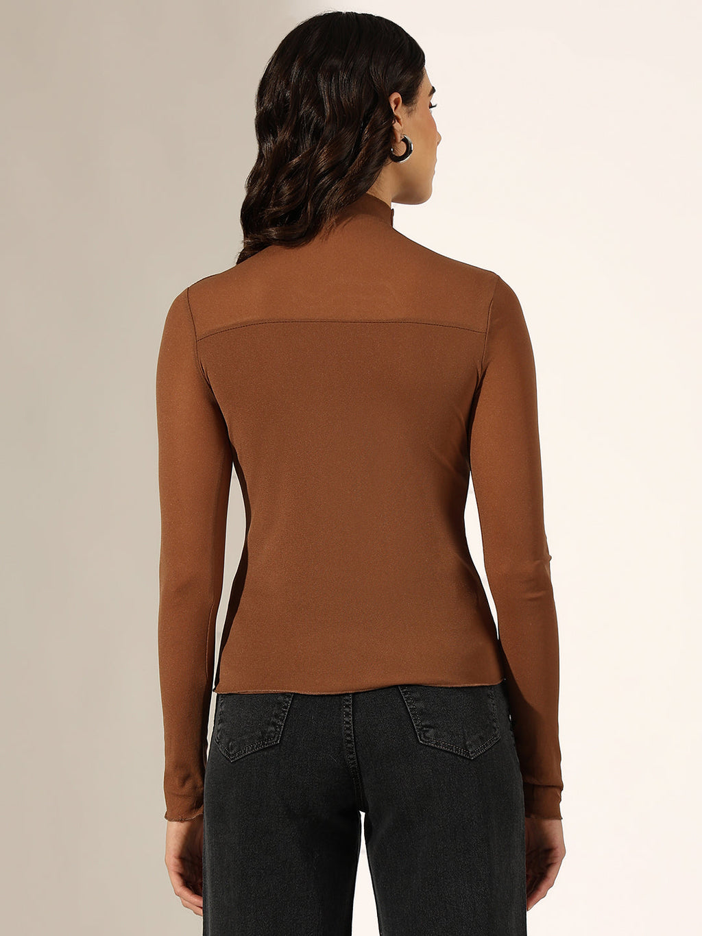 Women's Brown Turtleneck Mesh Yoke Top