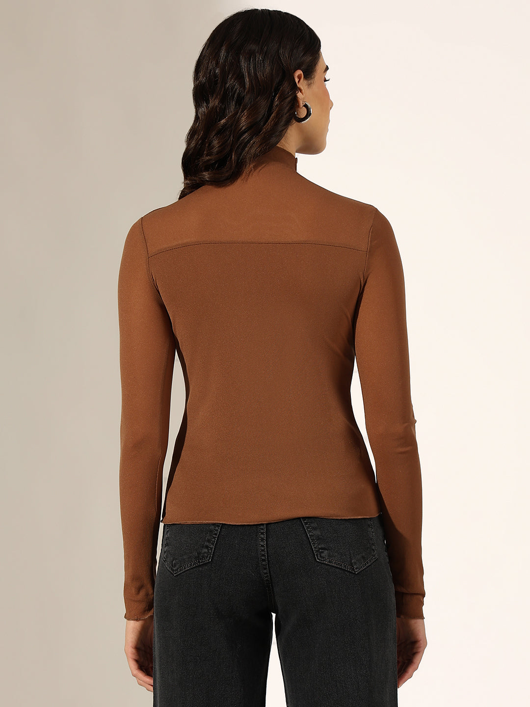 Women's Brown Turtleneck Mesh Yoke Top