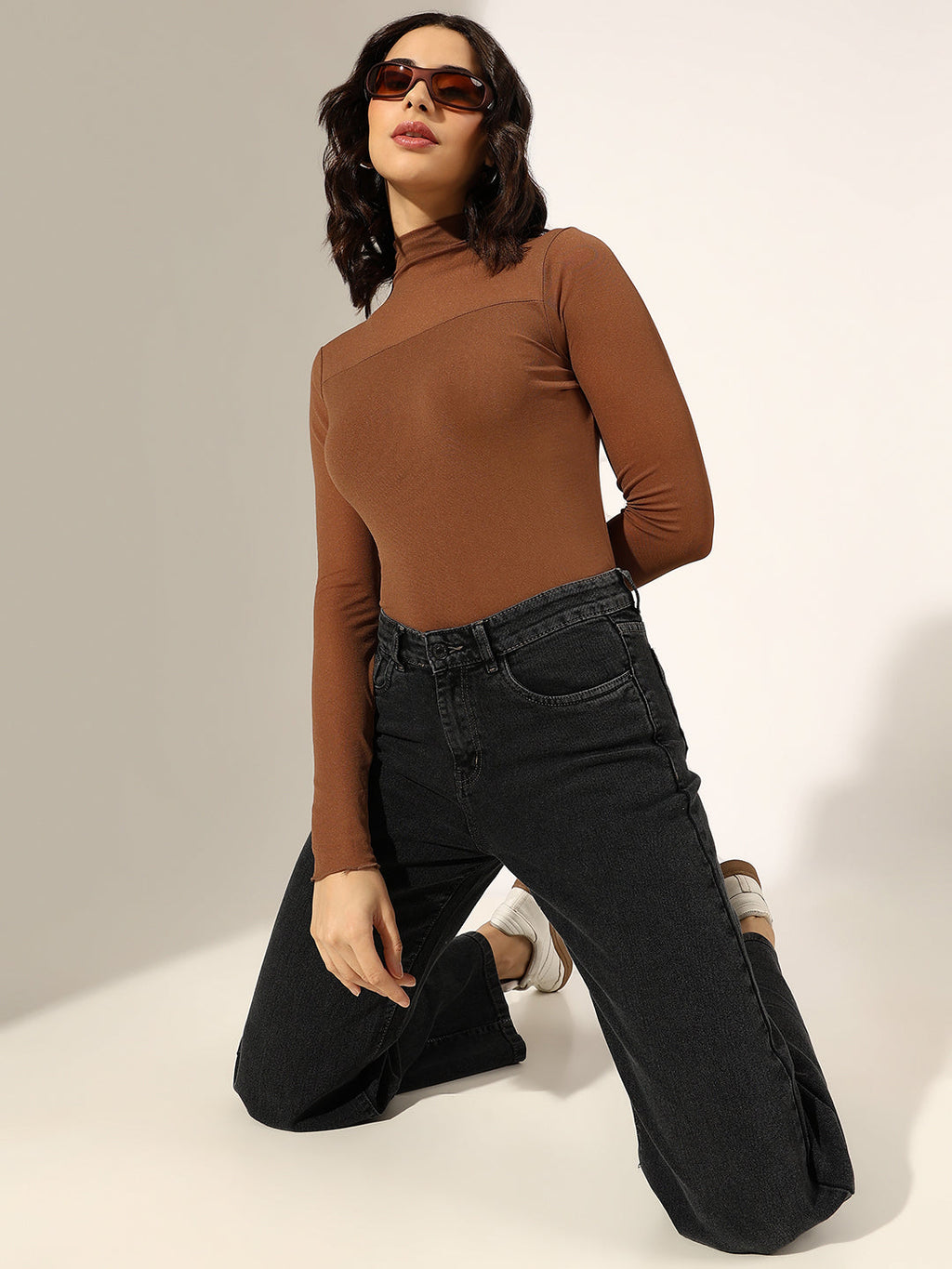 Women's Brown Turtleneck Mesh Yoke Top