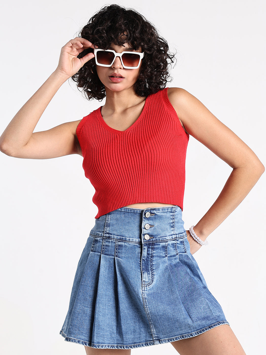 Women's Red Ribbed V-Neck Sleeveless Crop Top