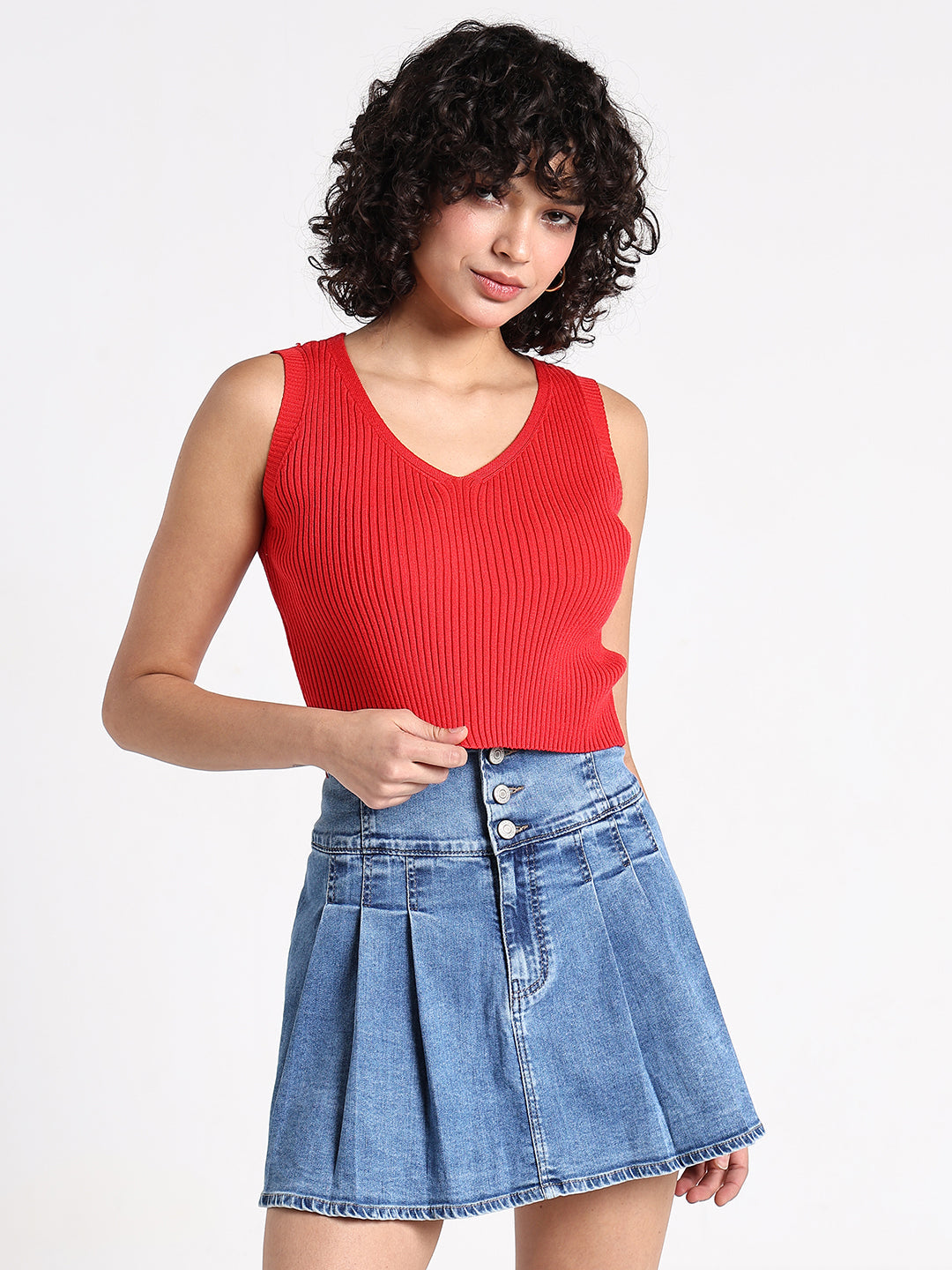 Women's Red Ribbed V-Neck Sleeveless Crop Top