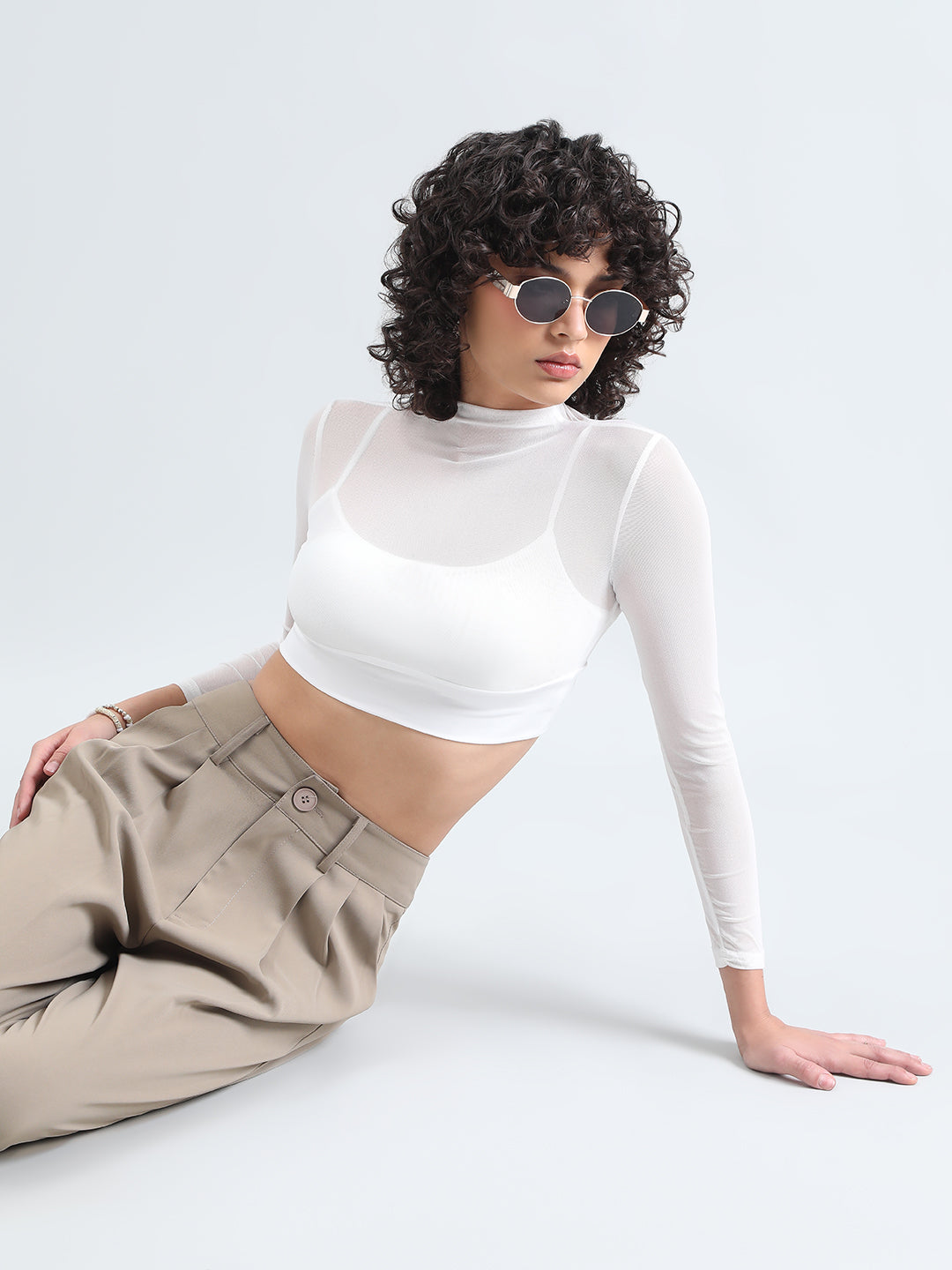 Women's White Mesh Full Sleeve Crop Top with Inner