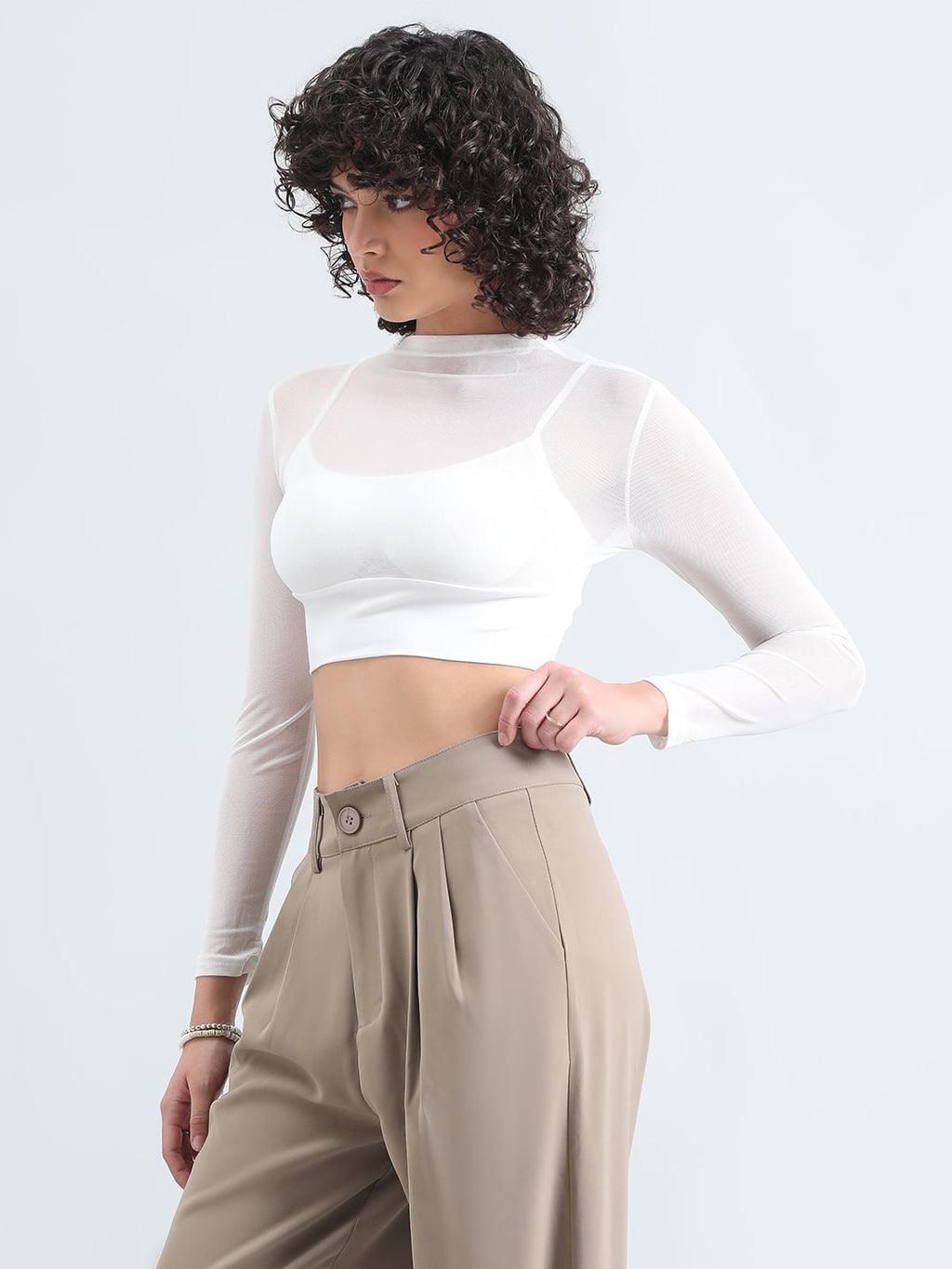 Women's White Mesh Full Sleeve Crop Top with Inner