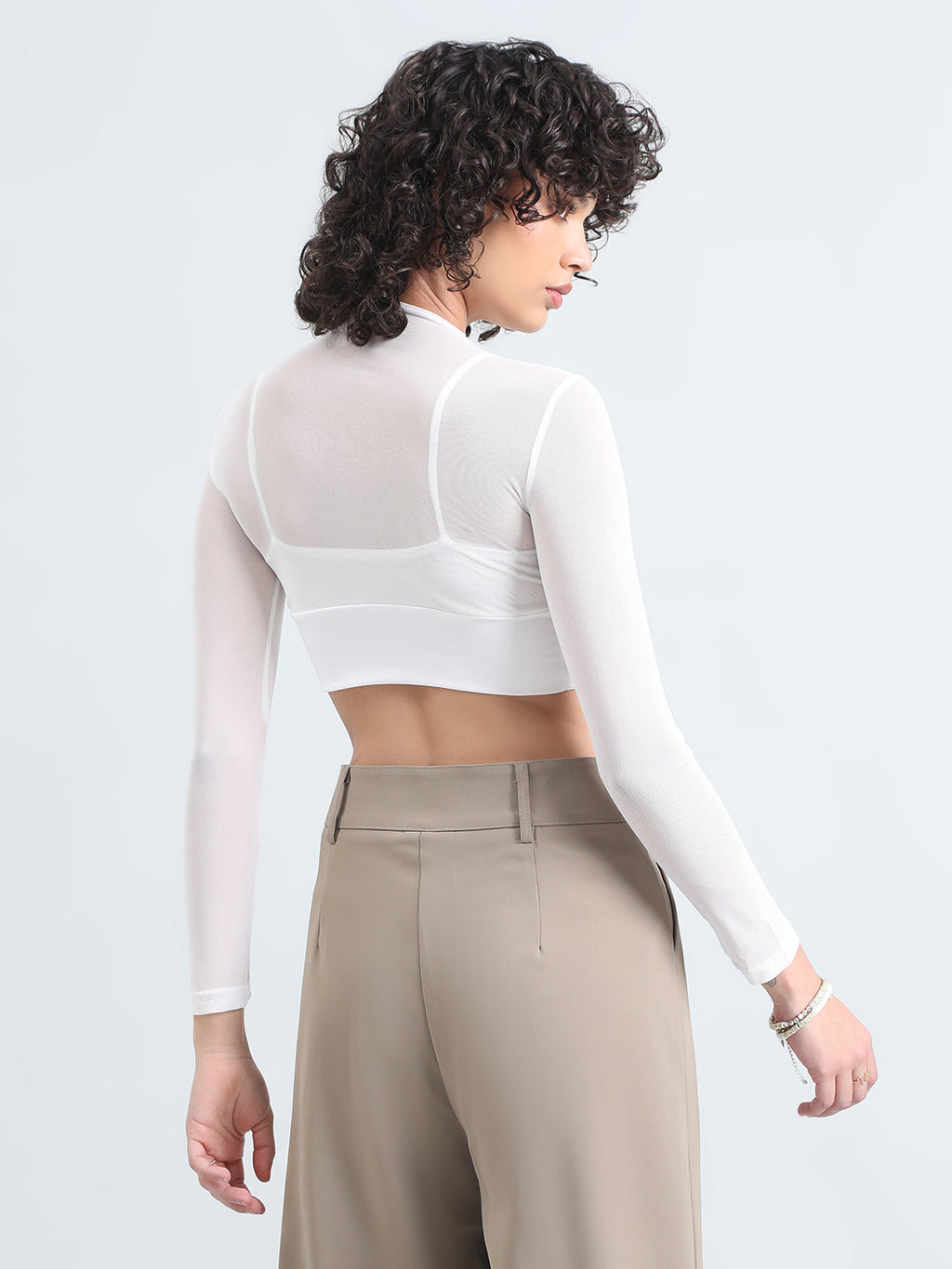 Women's White Mesh Full Sleeve Crop Top with Inner