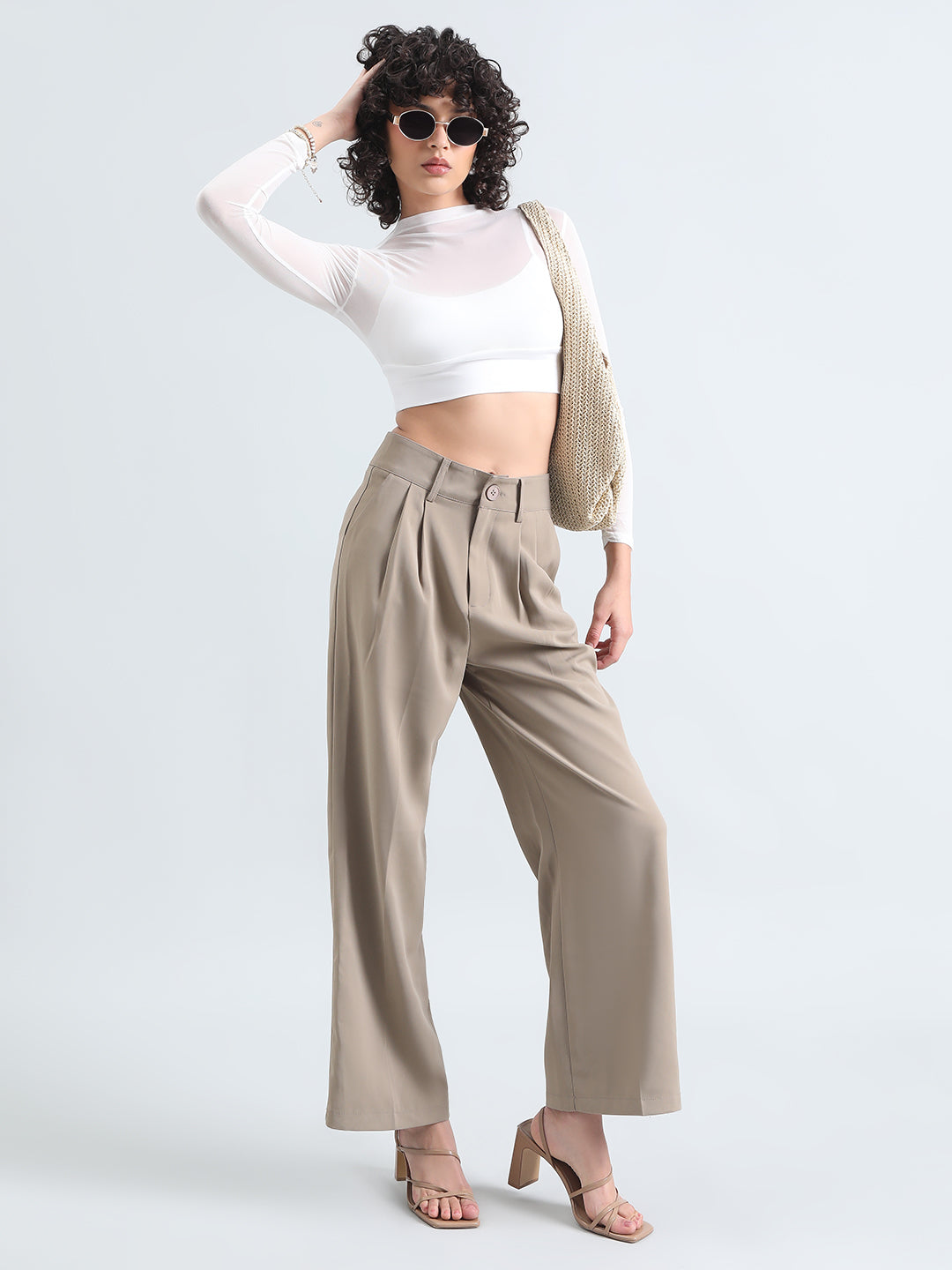 Women's White Mesh Full Sleeve Crop Top with Inner