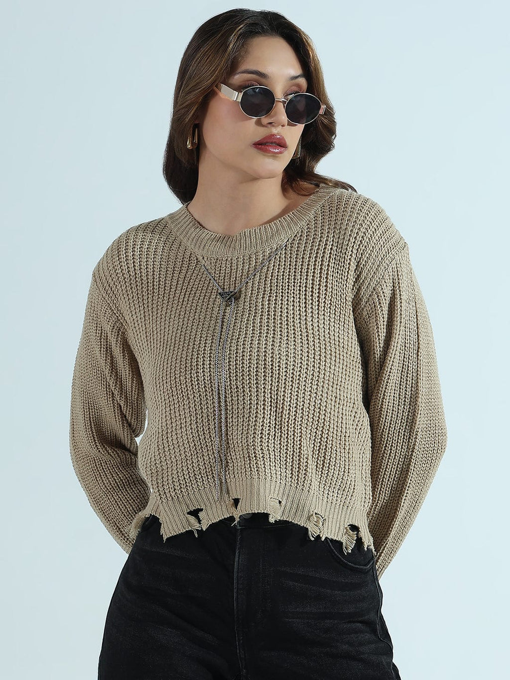 Women's Beige Distressed Sweater Top with Neck Chain