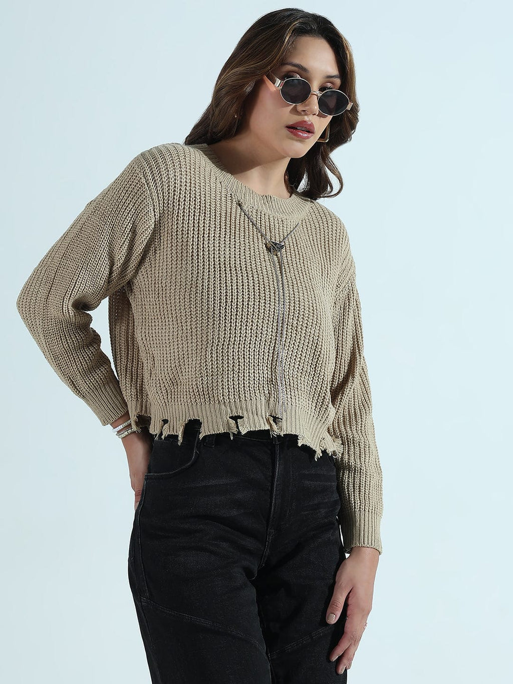 Women's Beige Distressed Sweater Top with Neck Chain