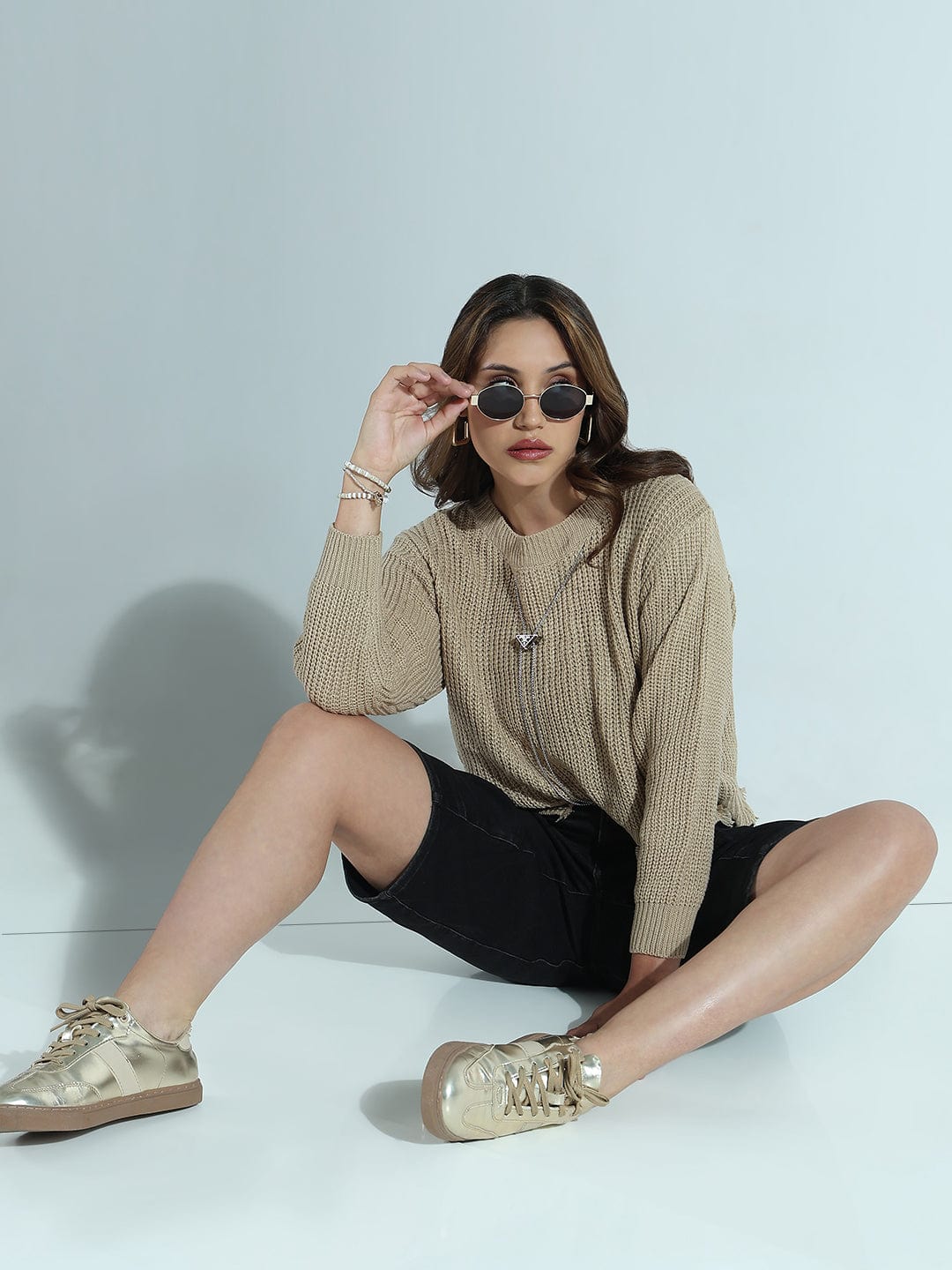 Women's Beige Distressed Sweater Top with Neck Chain