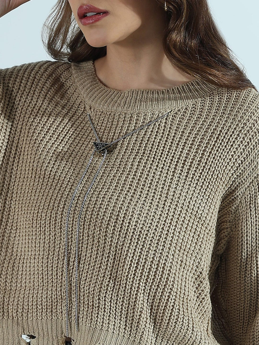 Women's Beige Distressed Sweater Top with Neck Chain