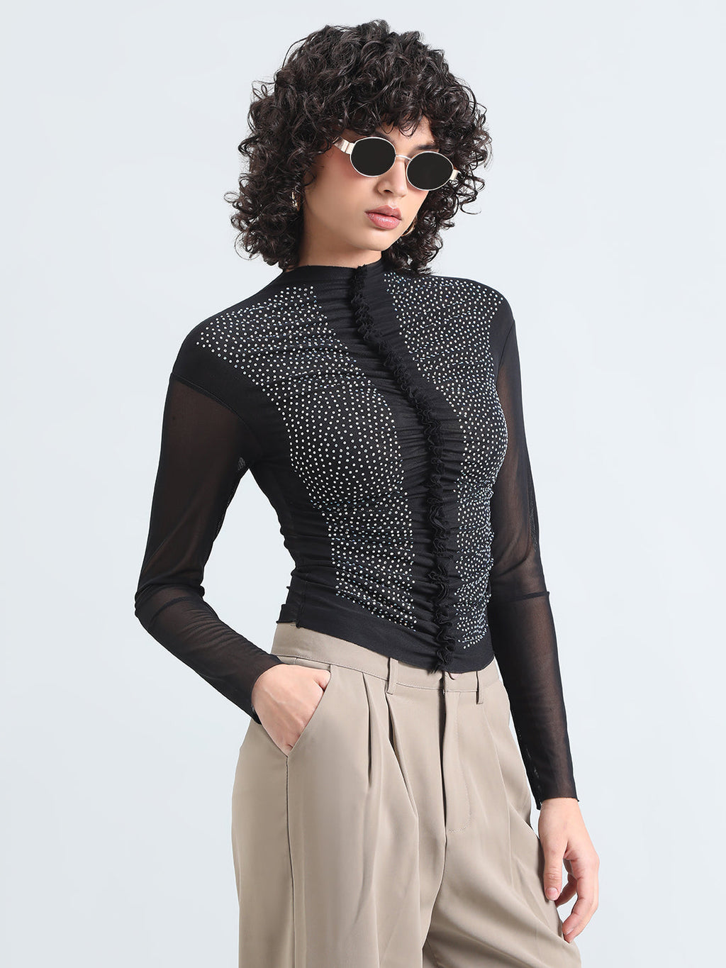 Women's Embellished Black Sheer Ruffle Mesh Top