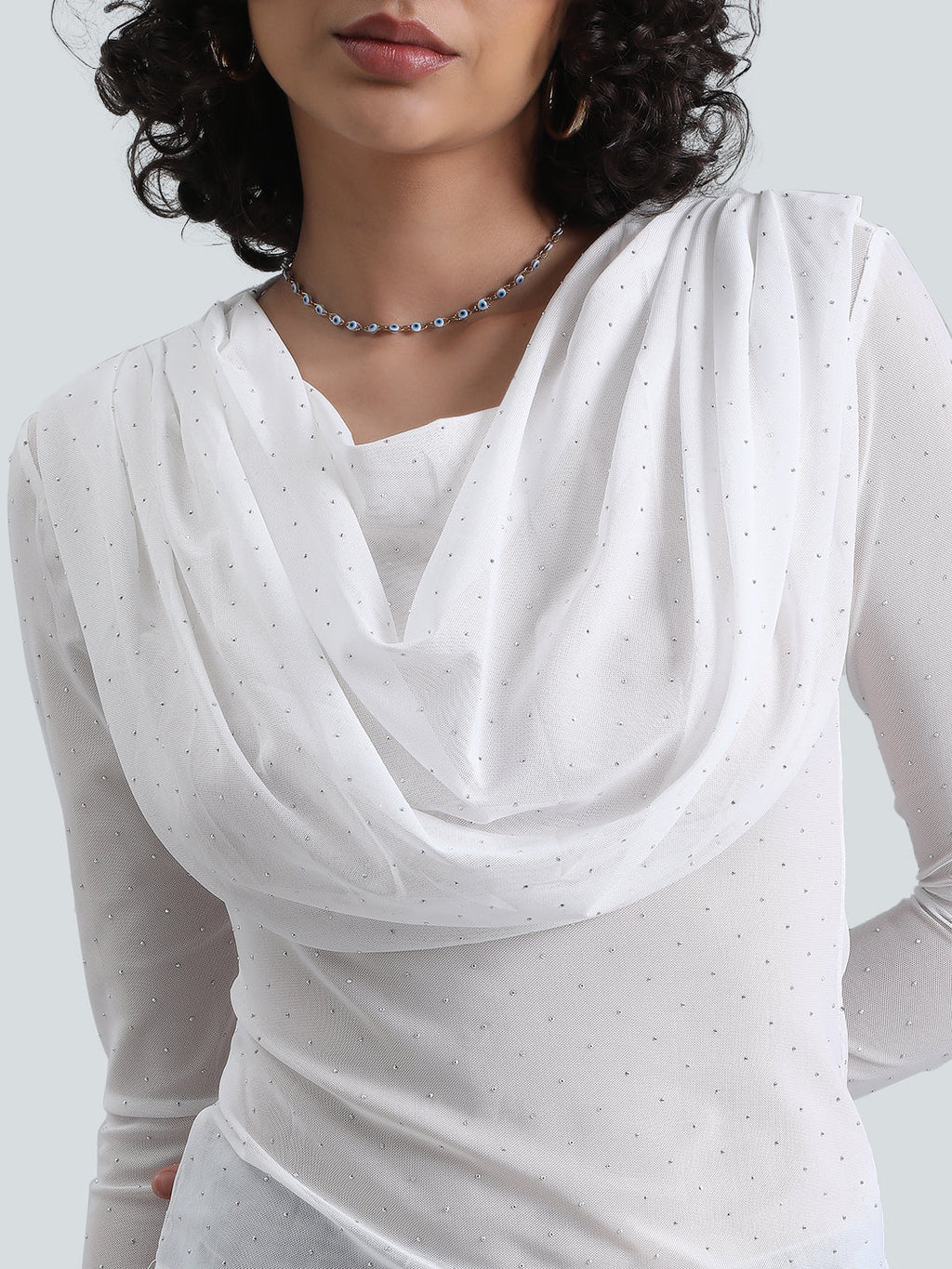Women's White Sheer Draped Neck Mesh Full Sleeve Top