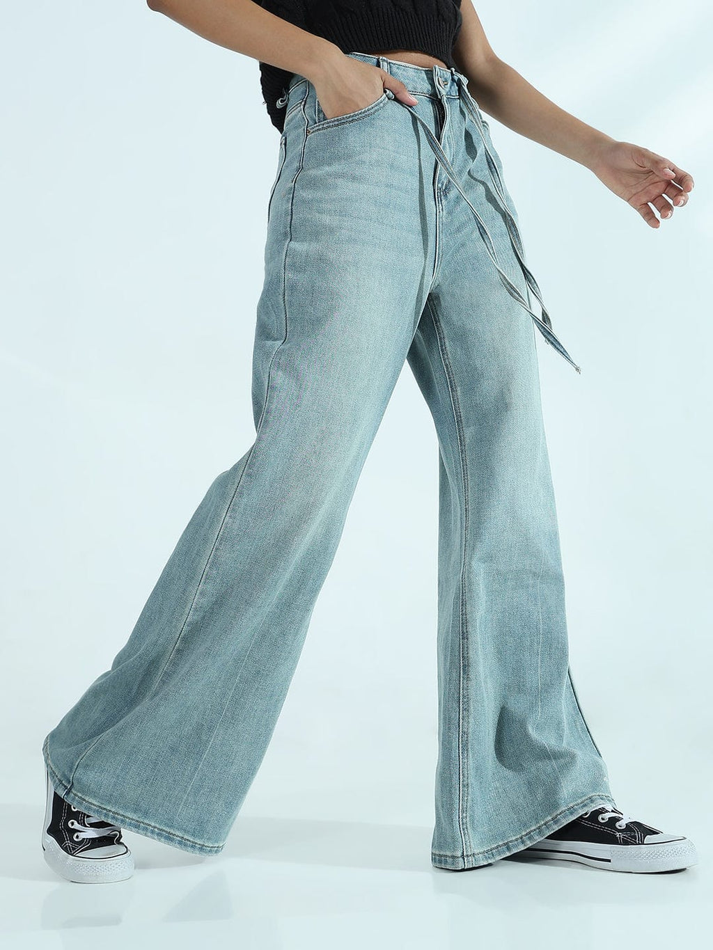 Women's Blue Wide-Leg Flare Jeans with Drawstring