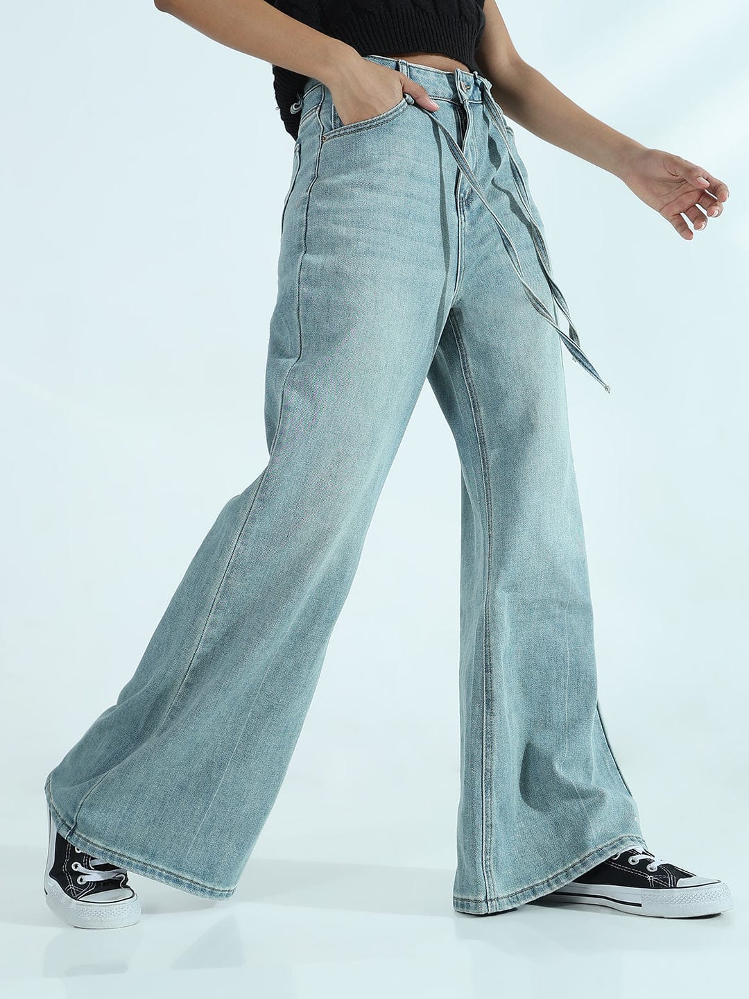 Women's Blue Wide-Leg Flare Jeans with Drawstring