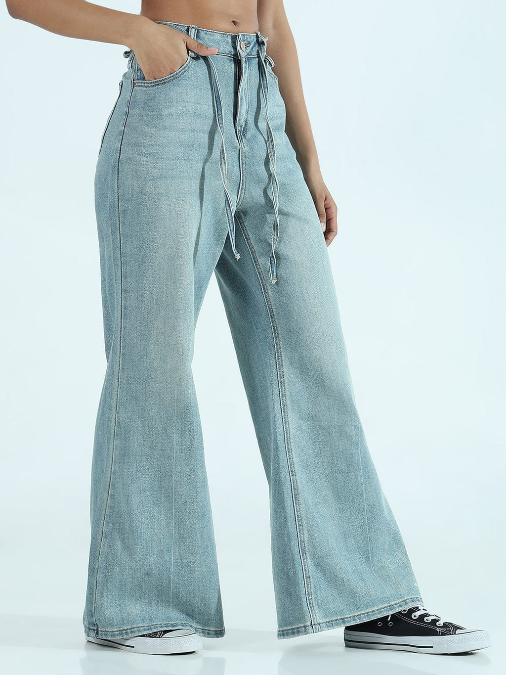 Women's Blue Wide-Leg Flare Jeans with Drawstring
