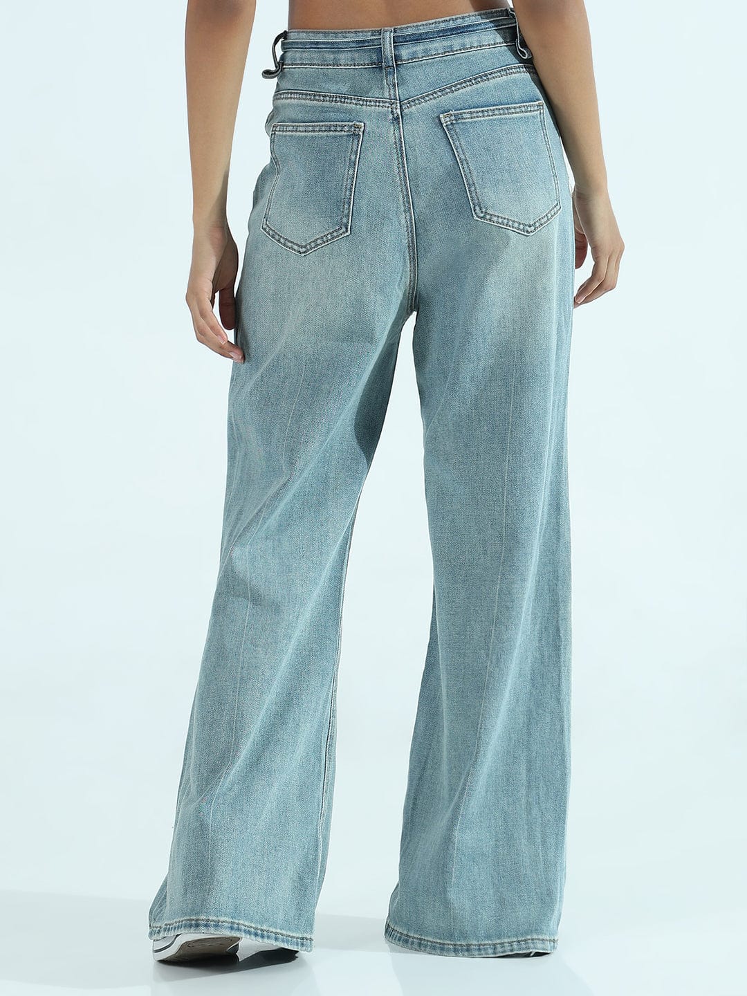 Women's Blue Wide-Leg Flare Jeans with Drawstring
