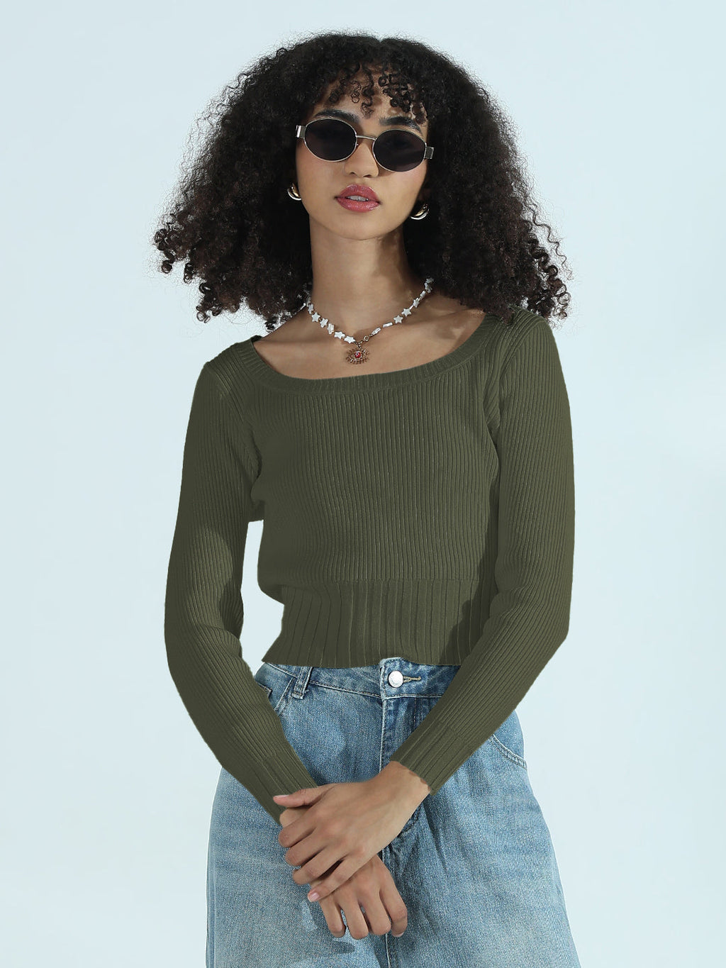 Women's Ribbed Green Round Neck Fitted Top