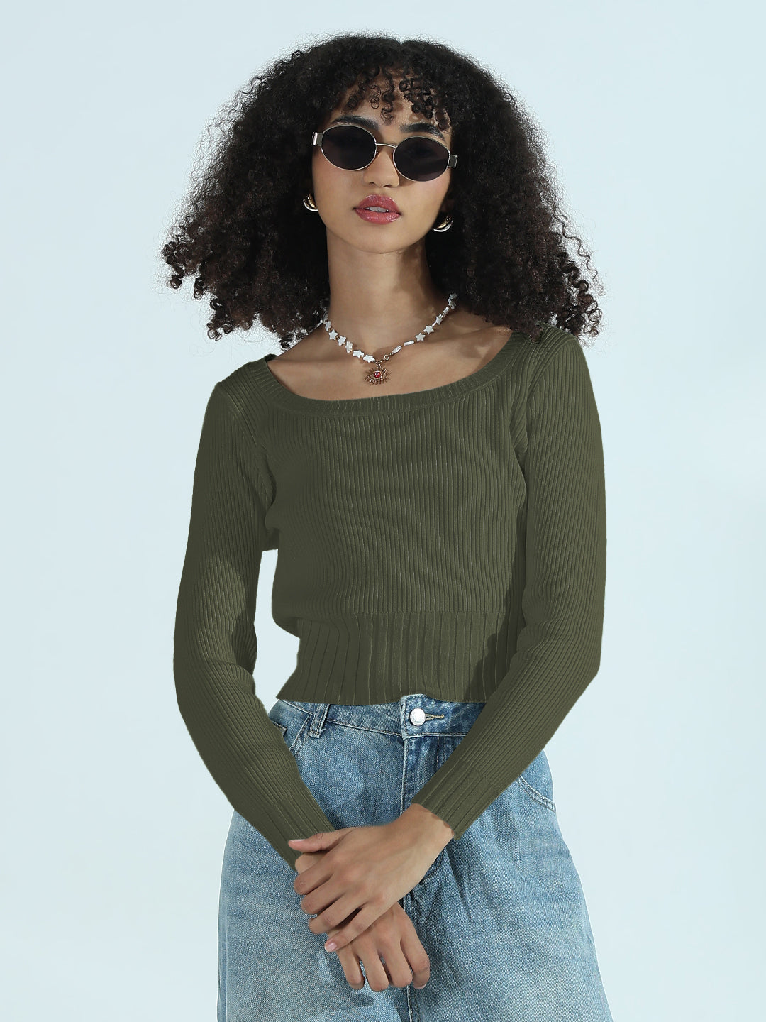 Women's Ribbed Green Round Neck Fitted Top