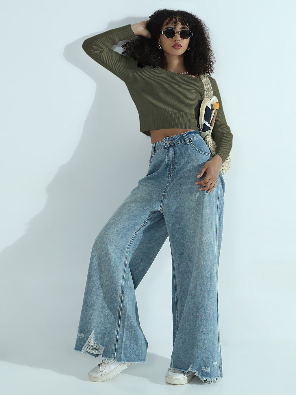 Women's Ribbed Green Round Neck Fitted Top